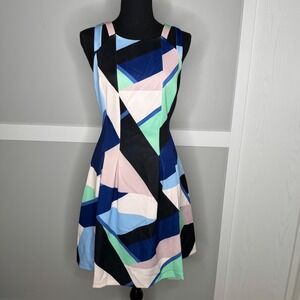 Vince Camuto Fit and Flare Dress Womens 10 Blue Pink Geometric Scuba Stretch